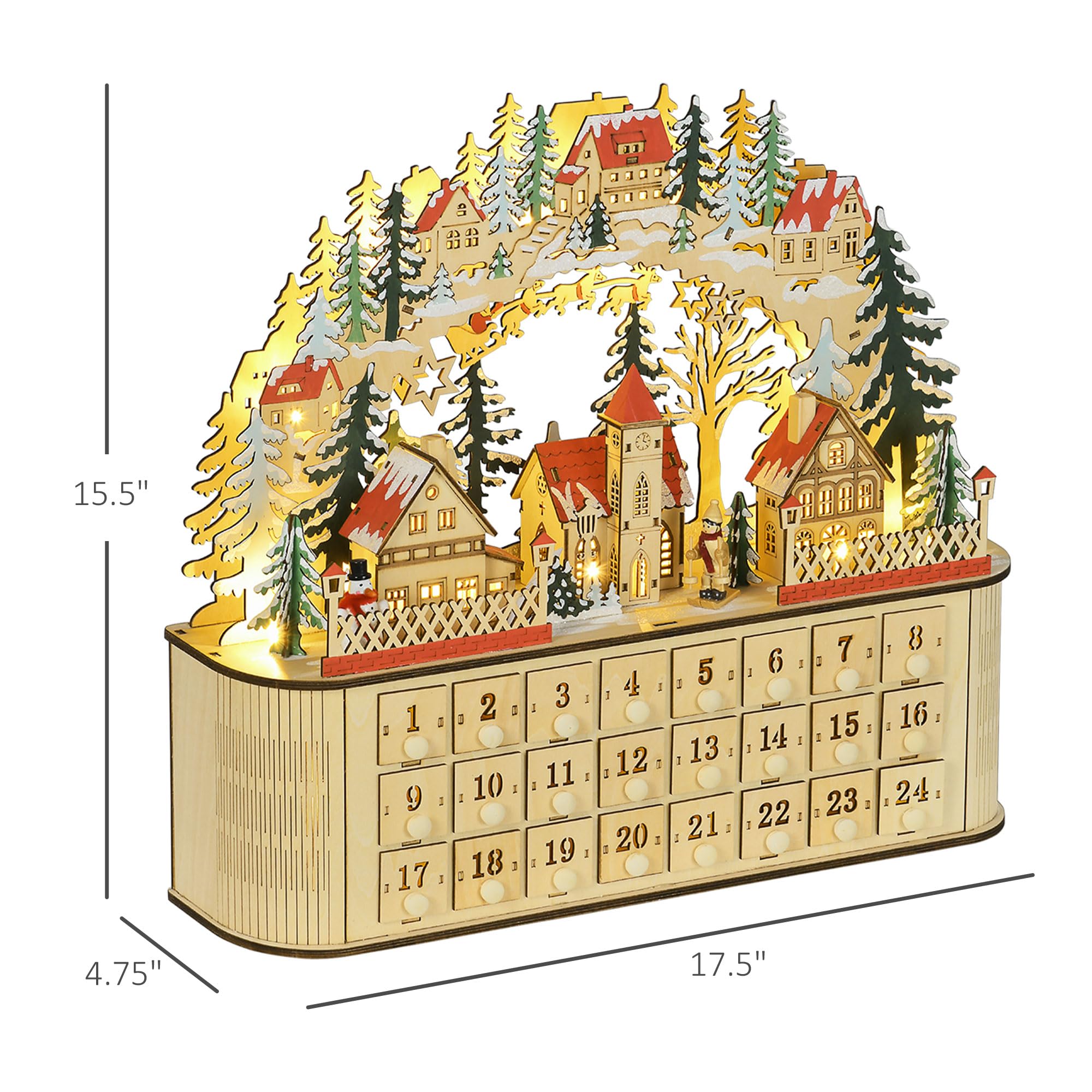 HOMCOM Wooden Christmas Advent Calendar, Light Up Table Holiday Decoration with 24 Countdown Drawers and LED Lights for Kids and